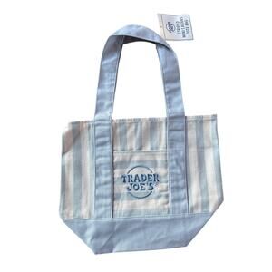 Trader Joe's 2026 summer mini striped canvas tote bag w/ 2 side pockets-Lt Blue